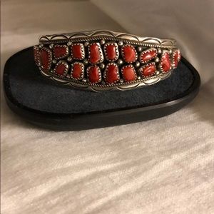 Vintage Sterling Silver Coral Cuff Bracelet